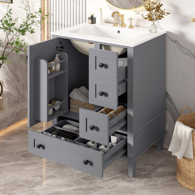 Meuble-lavabo de salle de bain avec lavabo intégré en céramique, avec tablette à double couche, tiroirs à fermeture en douceur et porte d'armoire à fermeture en douceur.