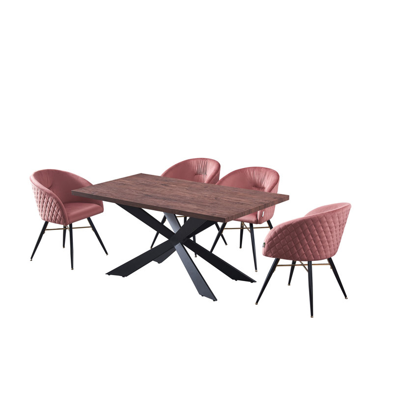 Goddard 4 Person Dining set - a Rectangular Wooden Dining Table with Metal Legs and a Set of 4 Quilted Velvet Dining Chairs for Dining Room - Modern Dining Table Set