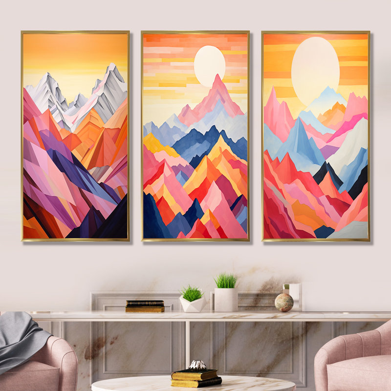 Montagnes, lever de soleil, ensemble d'art mural sur toile 3 montagnes, Cadre flottant doré, H 40 po x l 60 po