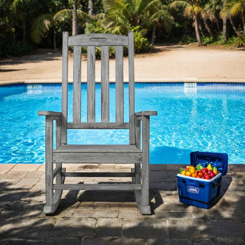 Wooden Rocking Chair with High Backrest and Wide Seat, Gris