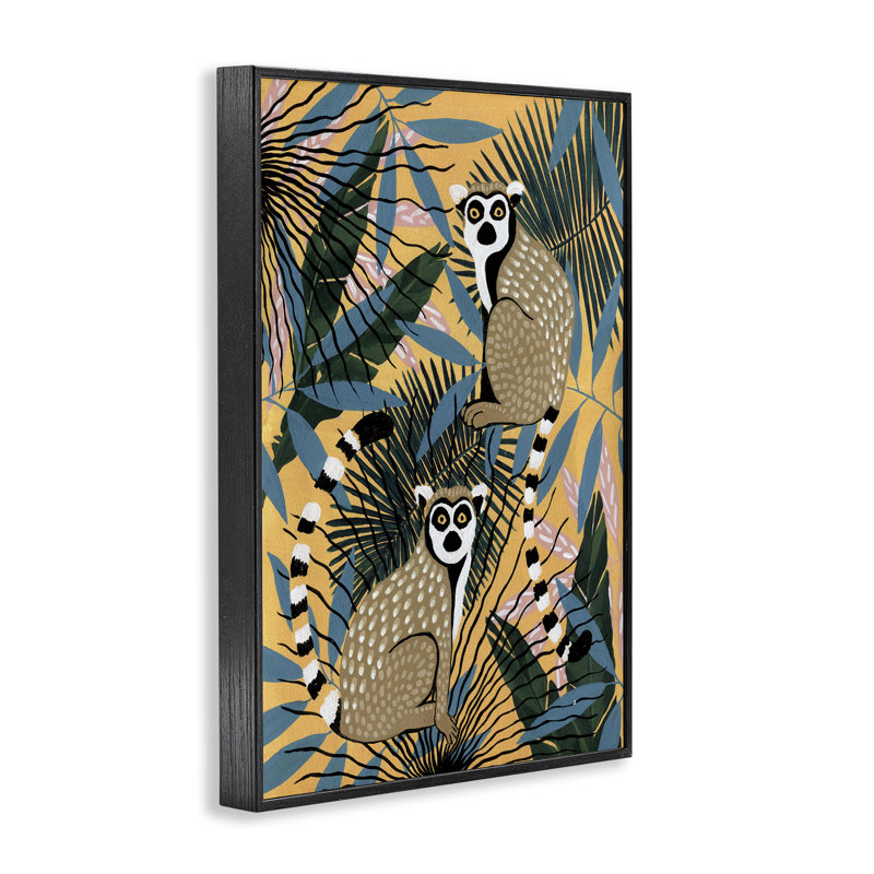 Lémuriens et plantes tropicales, giclée encadrée, design par Yvette St. Amant, H 24 po x l 16 po, Giclée encadrée noir minuit