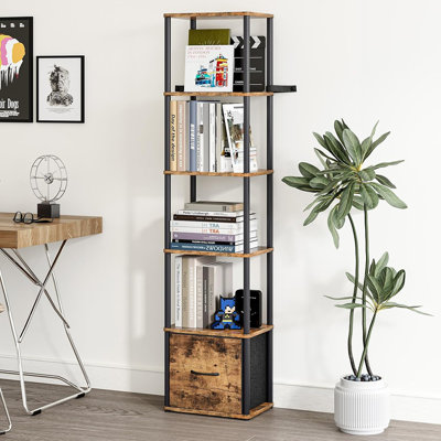 Bibliothèque échelle étroite sur pied - Bibliothèque haute avec rangement pour petits espaces, idéale pour le salon, la chambre à coucher, le bureau ou le bureau, brun rustique