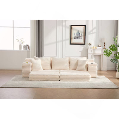 Très grand canapé sans siège à quatre places avec porte-gobelet et poches latérales, canapé-lit rembourré en velours côtelé avec 3 coussins, 2 coussins lombaires, salon, chambre à coucher, sans assemblage, matériau respirant