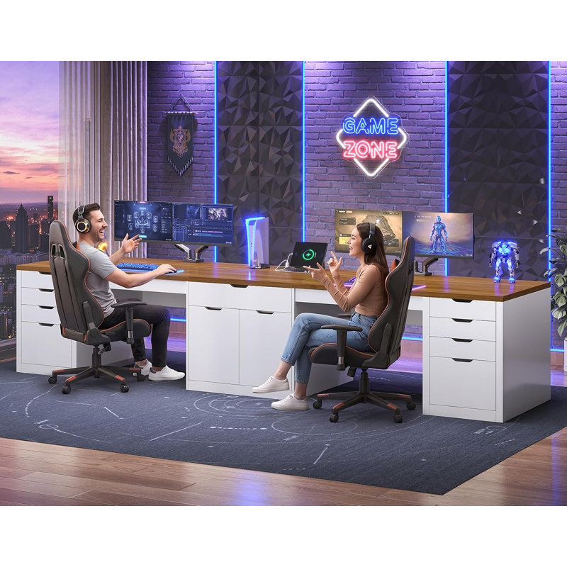 Bureau pour deux personnes avec 9 tiroirs, bureau d'ordinateur long avec armoire de rangement, blanc, Blanc