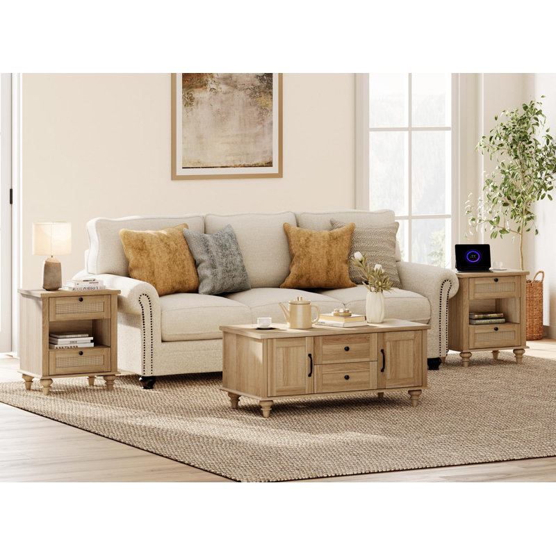 Oak 3 Piece Living Room Table Set, One Coffee Table, Set Of 2 Rattan End Tables With Charging Station