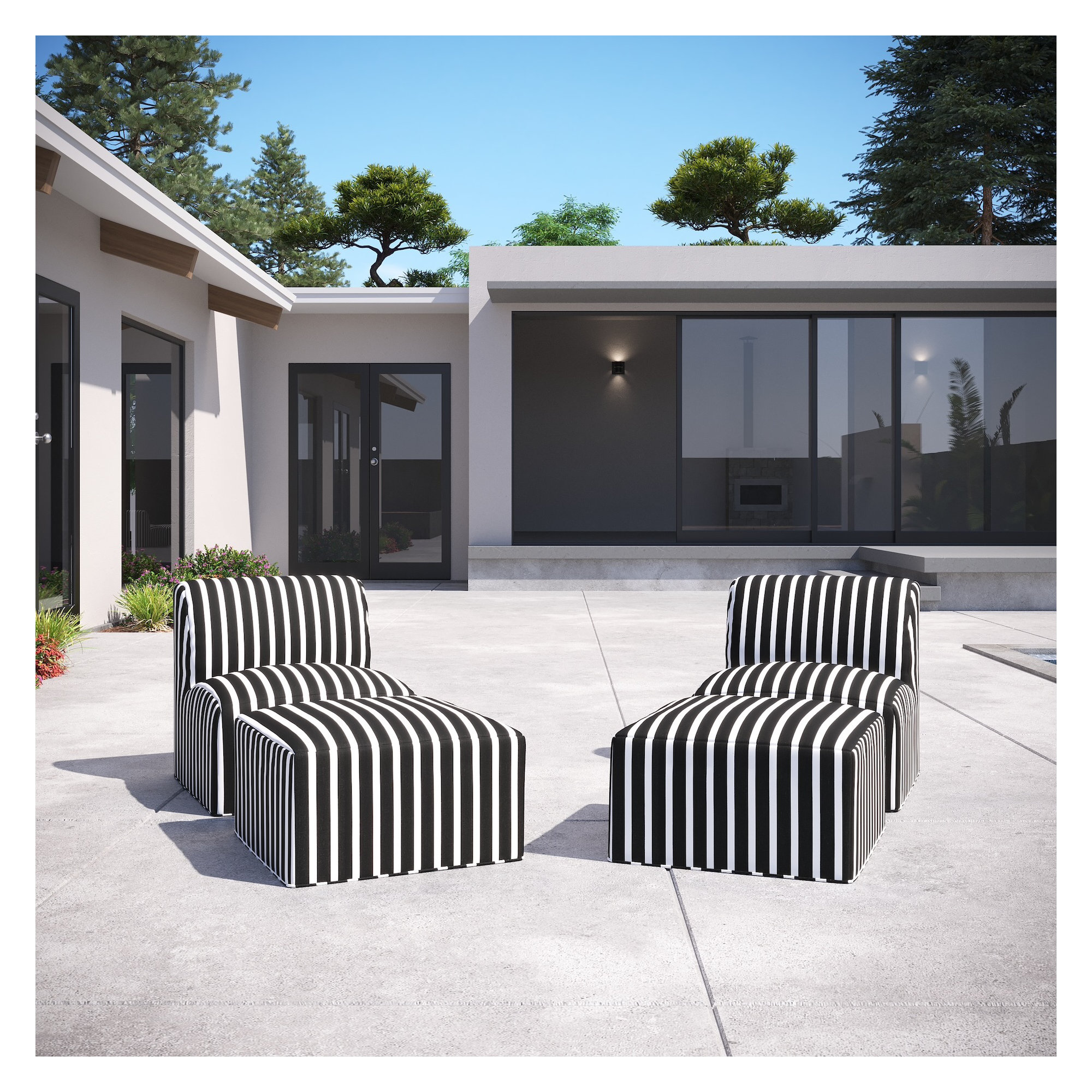 Eliana Outdoor Armless Lounge Chair with Sunbrella Cushions and Ottoman, Shore Classic Black Stripe Sunbrella®