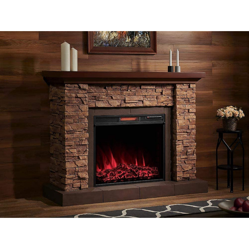 Feico Stackstone Electric Fireplace Mantel Package - Stacked Stone Design with Wood Shelf - 1,000 SQ FT