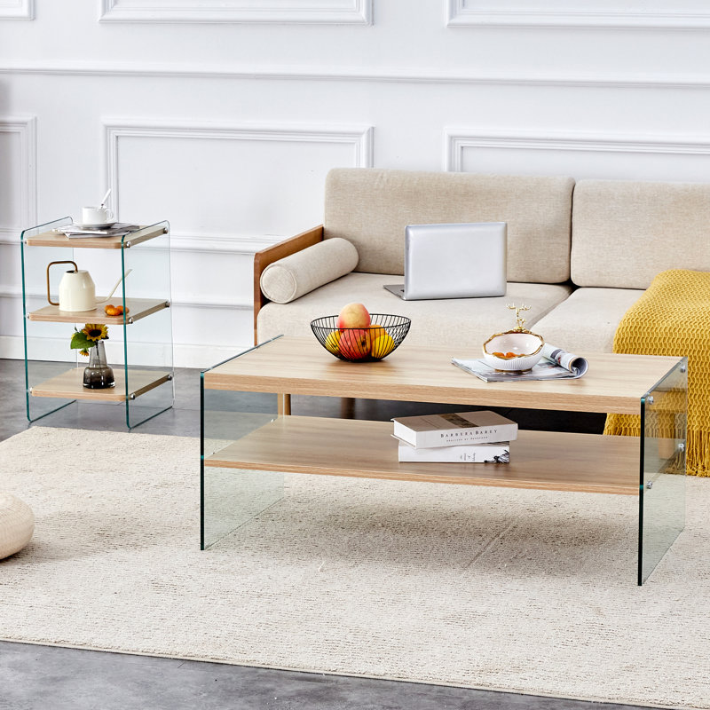 Three-tier side table and bunk coffee table set with mdf wood stickers, tempered glass, and ample storage space