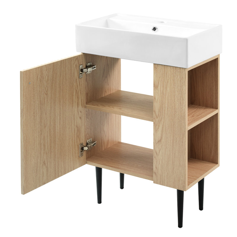 Meuble-lavabo droit en bois 21,6 po, conception de salle de bain moderne, lavabo en céramique avec barrière d'eau, grand