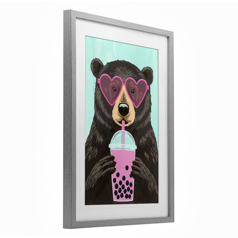 «Bear and Bubble Tea», reproduction encadrée sous verre, par Courtney Haley, H 23 po x l 17 po, Cadre de ferme gris