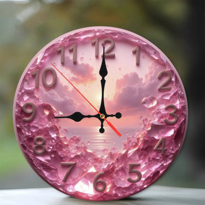 Pink Crystal Clock With Sunset Over Ocean