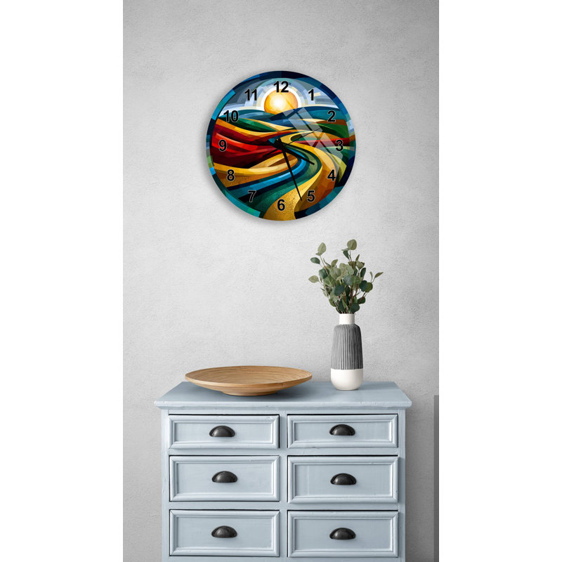 Horloge murale abstraite paysage abstrait en verre trempé, décor coloré Art moderne - horloge circulaire coucher de soleil vibrant, cadeau de maison unique