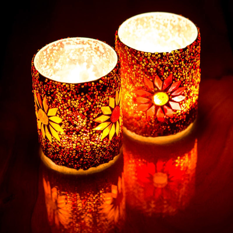 2 Piece Glass Votive Holder Set, Red/orange