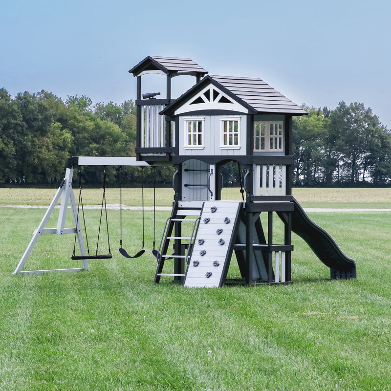 Whispering Point White and Gray Cedar Wooden Swing Set with Wave Slide