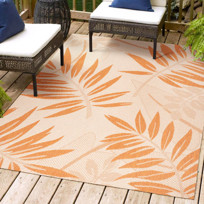 Hallas Tropical Palm Leaf Cream/Orange Indoor/Outdoor Rug