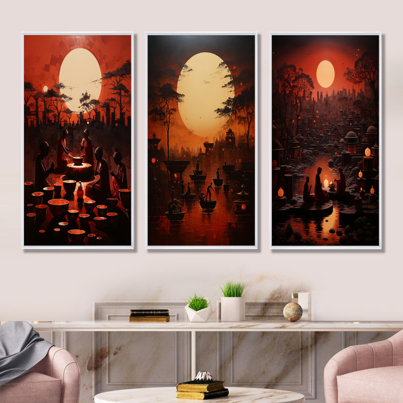 L'hindouisme Karvas au clair de lune - ensemble de 4 impressions sur toile de l'hindouisme, Cadre flottant blanc