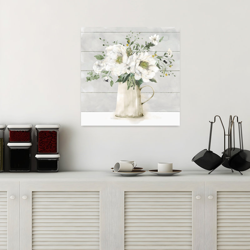 «White Farmhouse Bouquet Elegant Peaceful Romantic Pivoine», art mural, H 18 po x l 18 po