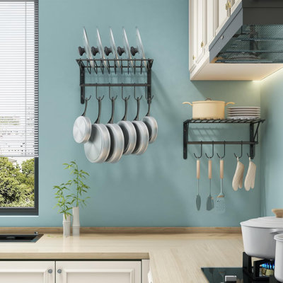 Ensemble de 2 supports muraux pour couvercles de casseroles, pots suspendus et couvercles de casseroles pour la cuisine avec 10 crochets de mise à niveau, support de couvercle pour casseroles, casseroles, organisation d'ustensiles, noir