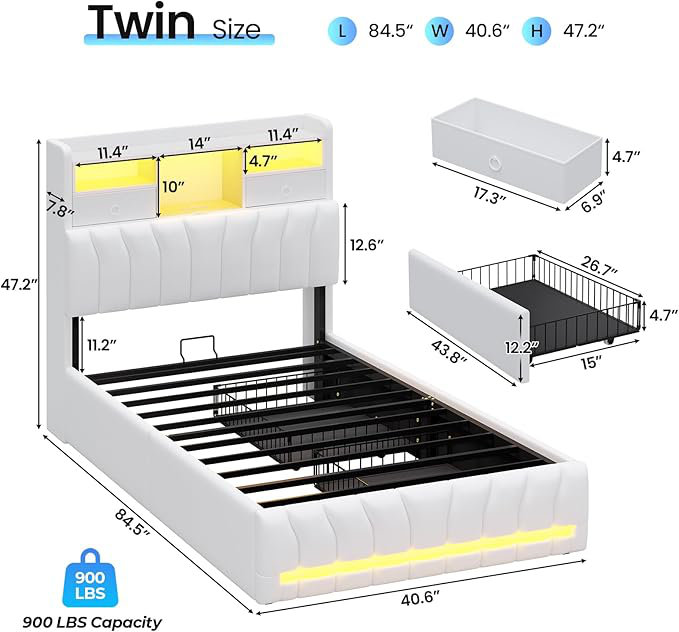 Twin-Size Bed Frame With Storage Headboard And Two Large Drawers, Gaming Bed With Rgb Lighting And Charging Station, E-Sports Style Bed, No Spring Mattress Required, White.