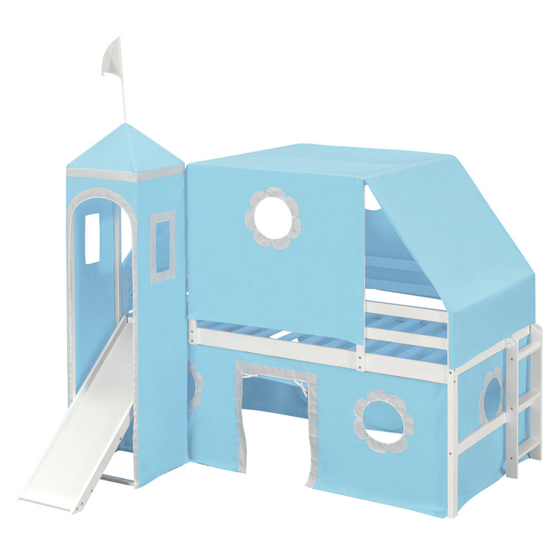 Lit mezzanine simple avec glissoire, tente et tour - bleu, Bleu