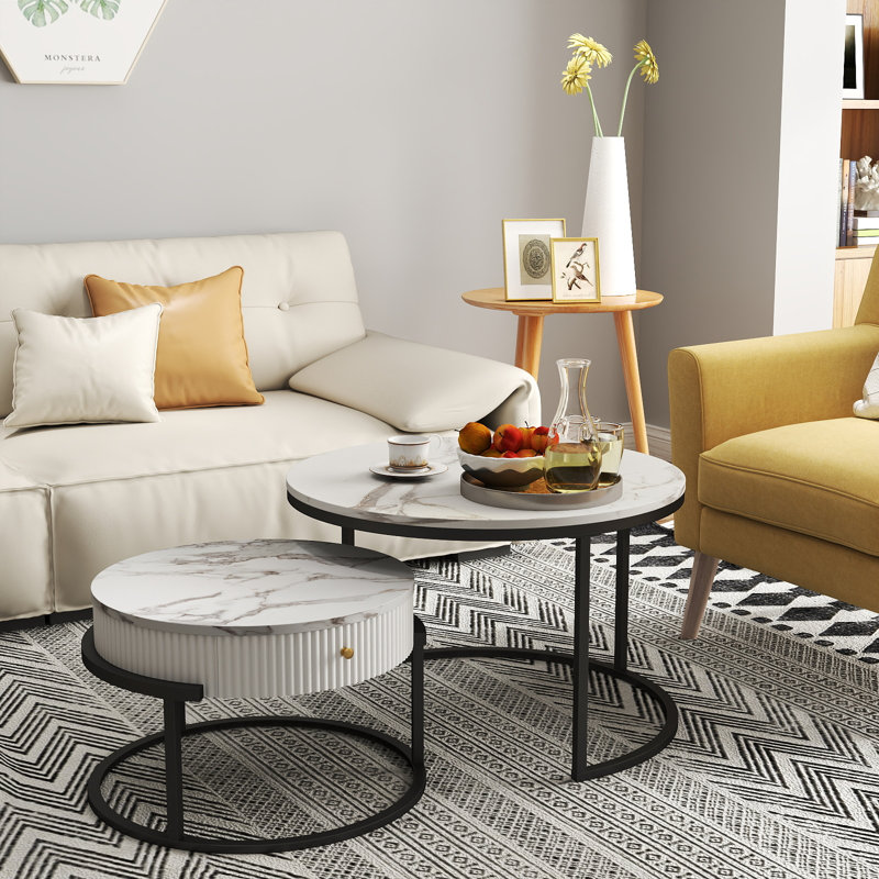 Round Nesting Coffee Table Set Of 2, Modern Side End Tables With Marble Pattern And Metal Frame, Modern Coffee Table With Hidden Compartment For Living Room, Apartment, Office