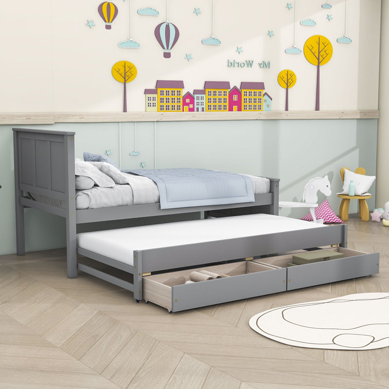 Kids Twin with Trundle with Drawers, Gray