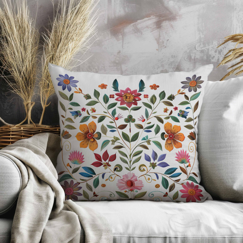 Oreiller symétrique en simili suède Flora, Blanc / vert / orange / crème, Carré 26 po