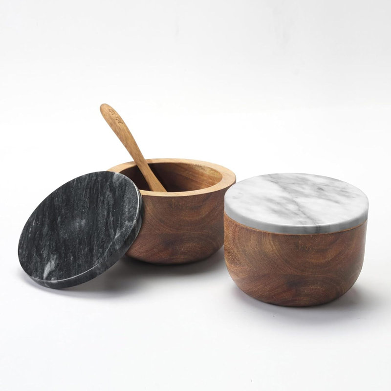 Grande boîte à sel en bois avec cuillère à sel et cuillère à sel Porte-sel en acacia naturel massif Couvercle en marbre