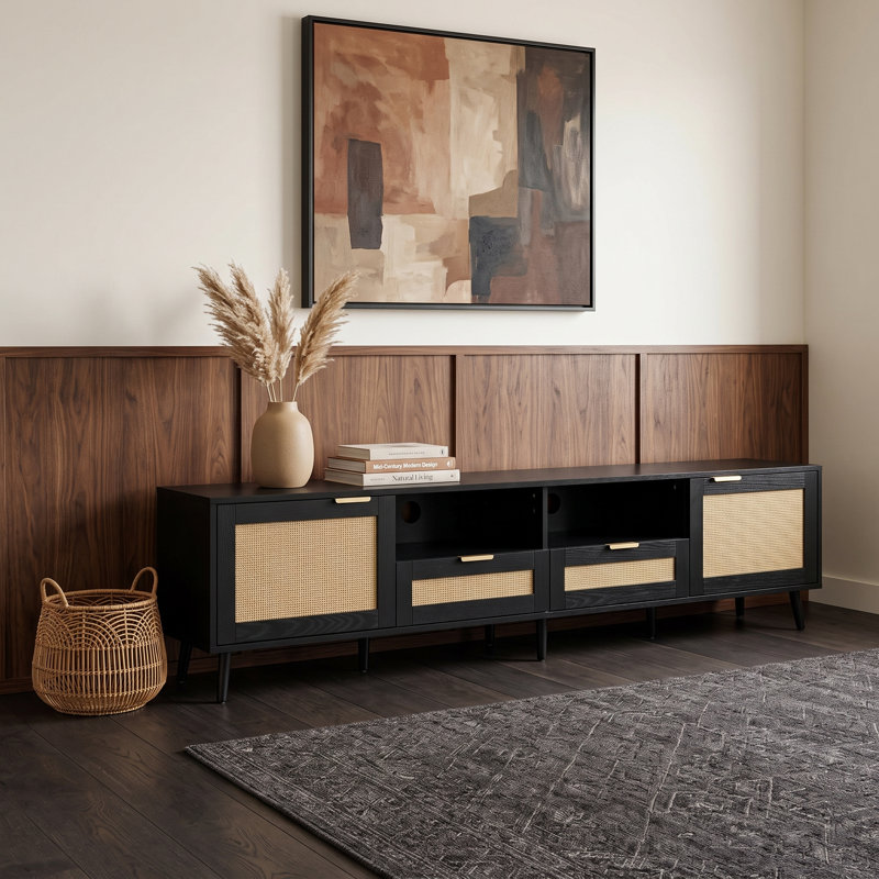 Meuble télé moderne pour téléviseur de 85 po ou moins avec 2 armoires, tablettes ouvertes et 2 tiroirs
