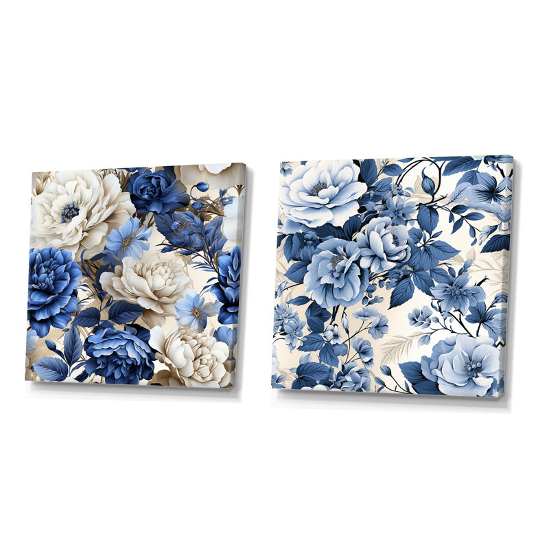 Motif victorien de roses de la Renaissance bleu cobalt - ensemble de collage carré floral, Toile tendue, H 16 po x l 33 po