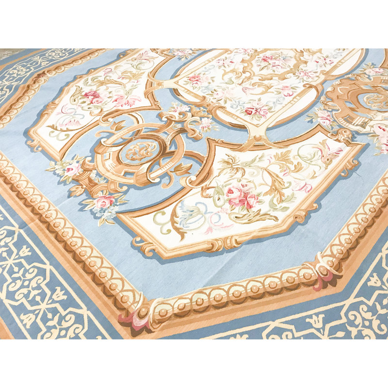 Tapis bleu et beige noué à la main de haute qualité