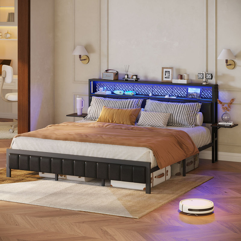 Brisna Bed Frame Upholstered Headboard Bed with Storage LED and Charge Station, Queen, Brown