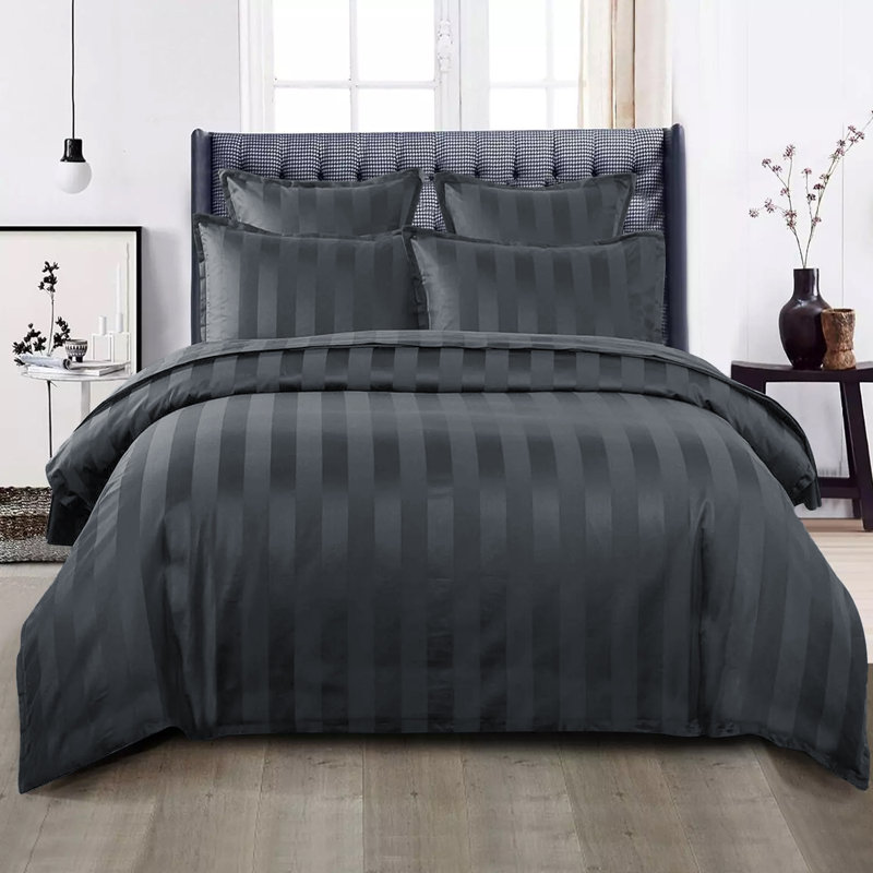 Renze Microfiber 250 TC Reversible Stripe Duvet Cover Set with Pillowcases, Charcoal