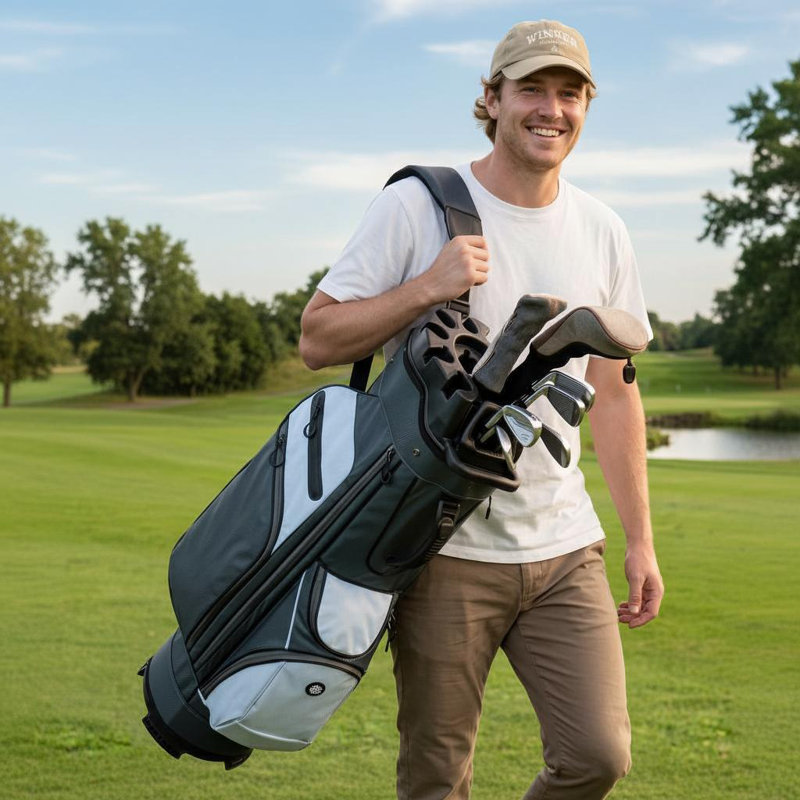 Sac de golf léger de 39,4 po x l 13,4 po x P 9,5 po en gris foncé et blanc, fabriqué en polyester avec séparateurs multi-voies et sangles d'épaule doubles