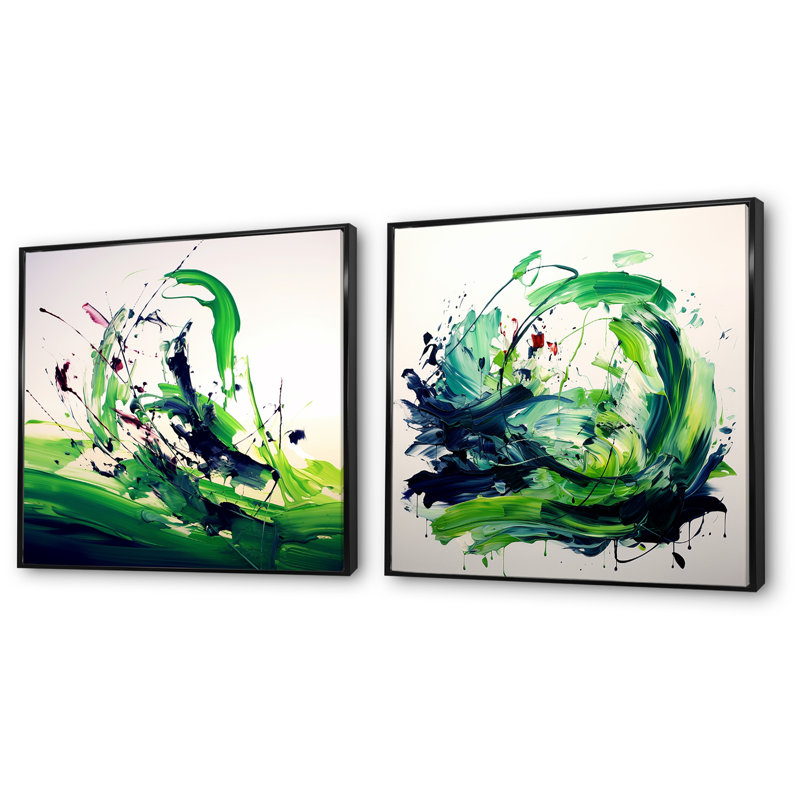 «Green and White Abstract Ink Expression IV», ensemble de 2 décorations murales, H 30 po x l 61 po x P 1 po, Cadre noir
