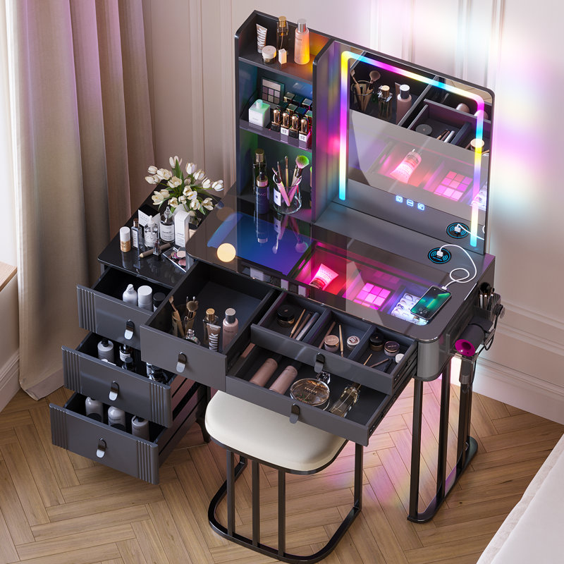 Vanity Set with Human Sensor RGB Lights, Glass Top and Quick-Charging Station, Grey