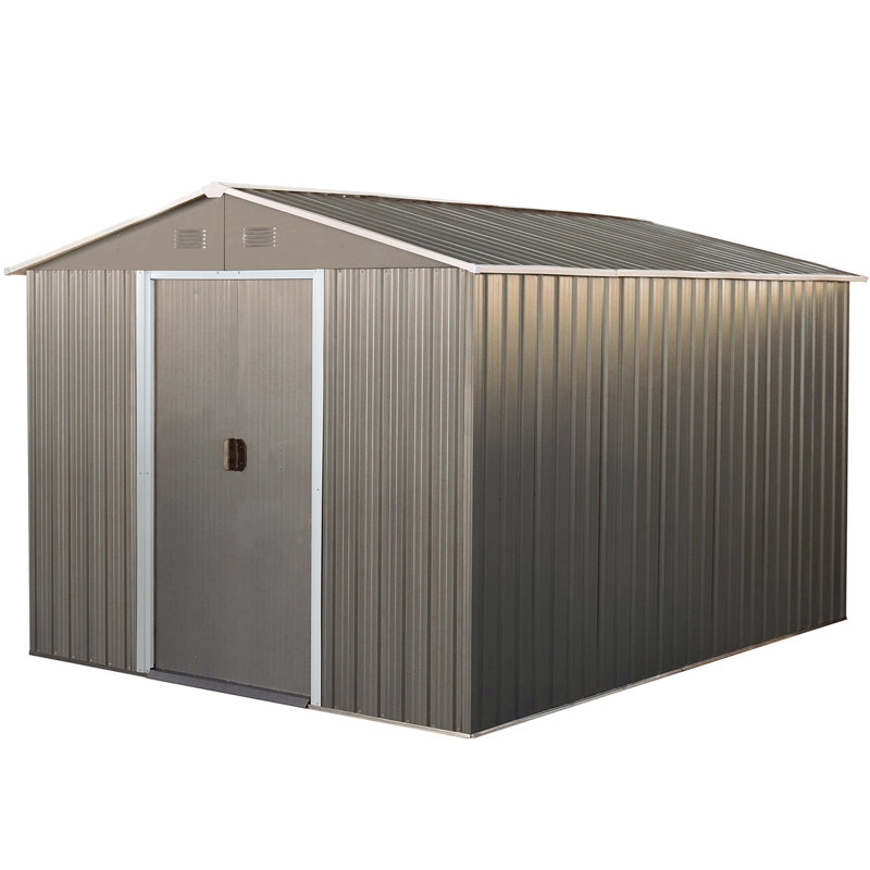 8x10ft Outdoor Metal Shed, Gray - Galvanized Frame, Weather- Panels, Easy Build Process With Anchor And Hook Shelf Lock Gloves Sliding Door Padlock Punched Vents Iron Vents, Access