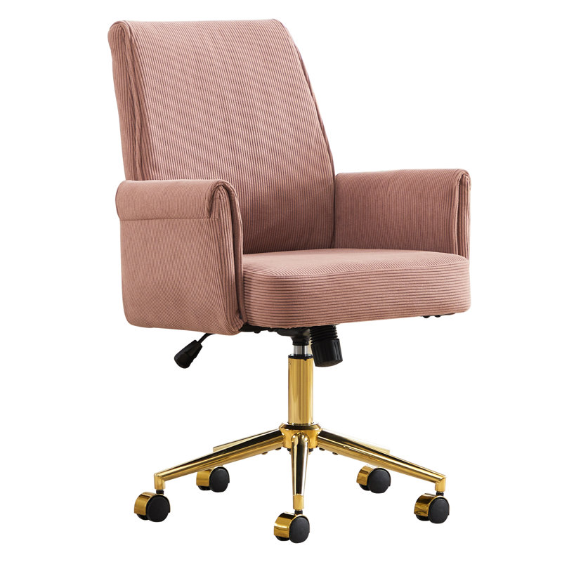 Mid - Back Liftable Pink Office Chair With Striped Corduroy, Ergonomic , Golden Base And Memory Foam Cushion For Working At Desk. 24.56 In Depth, 23.9 Width, 38.89 Height, 27.44 Lb Weight Corduroy