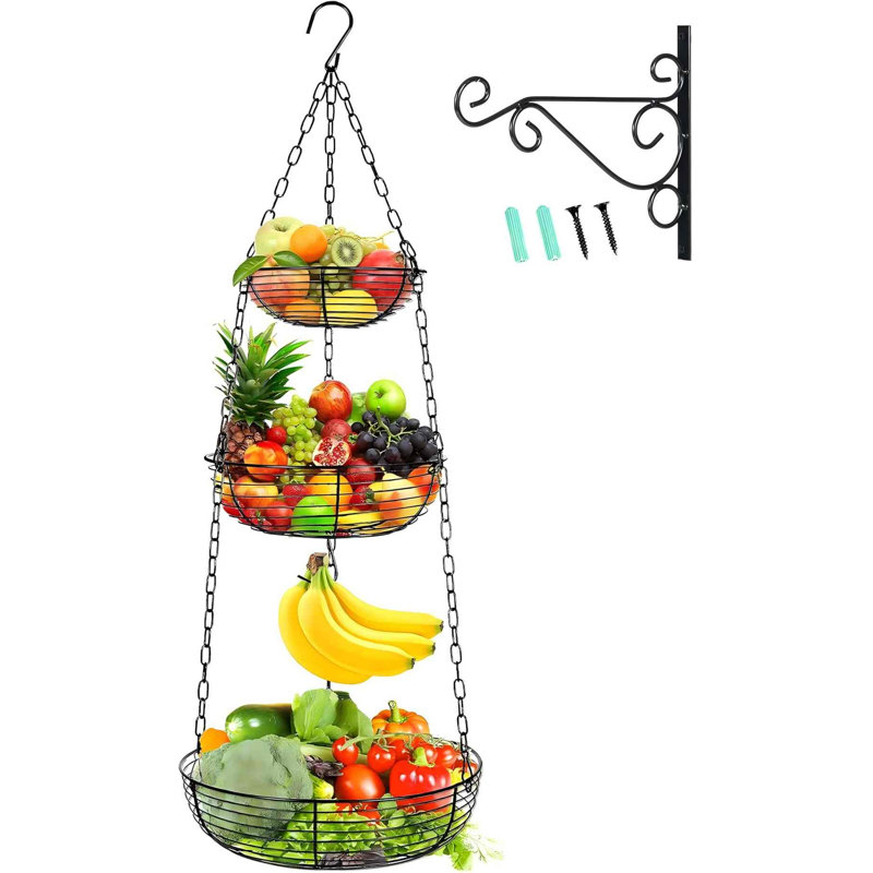 Panier à fruits suspendu à 3 niveaux avec crochet banane, paniers suspendus robustes en fil de fer de 36 pouces pour le rangement de la cuisine, organisateur de légumes (y compris le support d'installation)