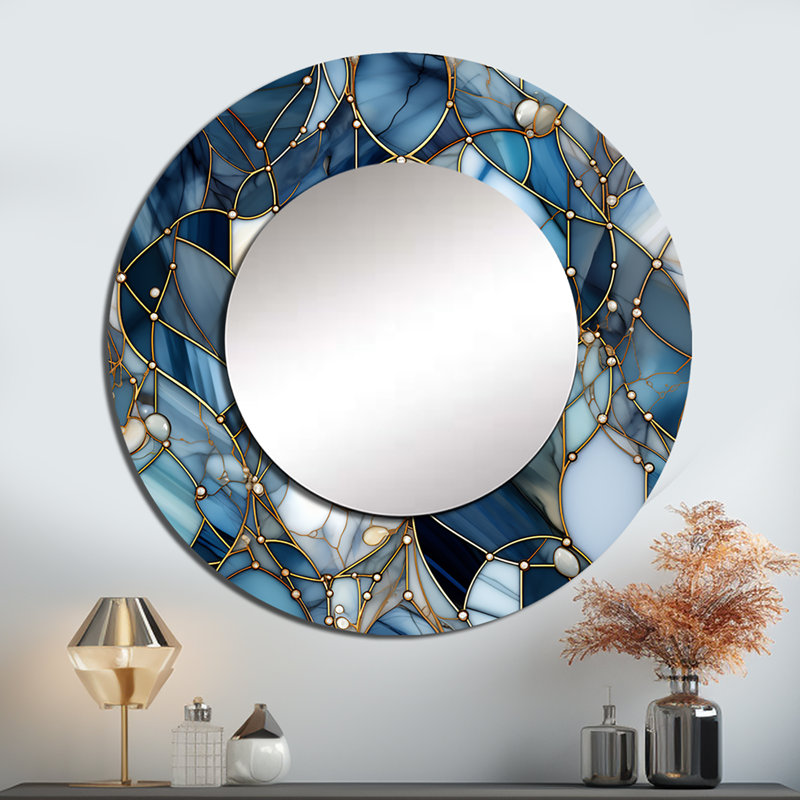 Motif de marbre Ribh Fantasy - miroir en marbre, miroir mural rond bleu, impression d'art en métal, 23 po x 23 po