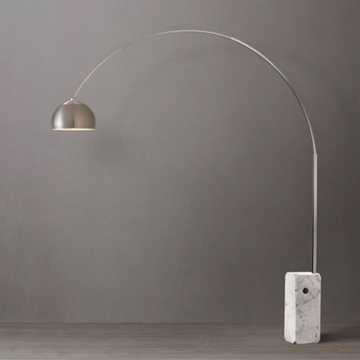 Lampe à arc moderne Mid-Century 95 po Iconic, abat-jour et corps en acier nickel satiné, base en marbre blanc, à intensité variable avec gradateur à glissière au pied, compatible avec les maisons intelligentes
