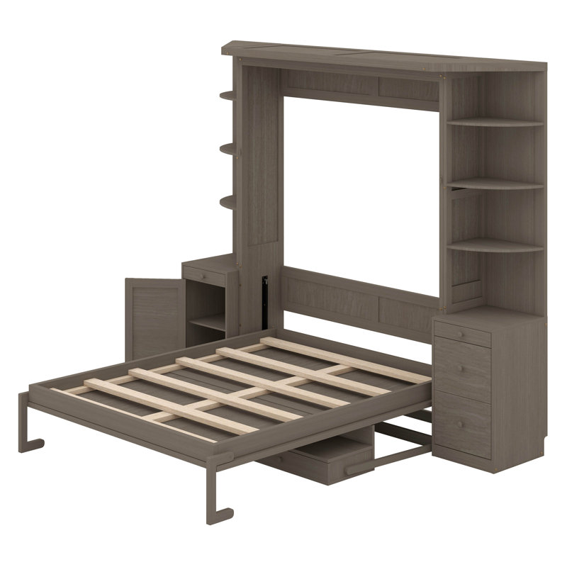 Grand lit escamotable avec bureau, tablettes et armoires ouvertes, lit escamotable pliable en bois avec poste de travail et tiroirs