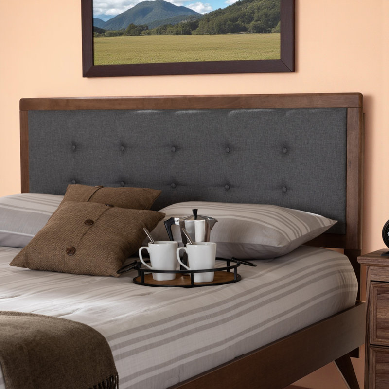 Tête de lit double Camilla avec revêtement en tissu gris foncé et bois brun noyer