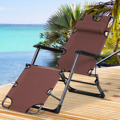 Poolside Tanning Chair, 21 Folding Lounge With Pillow & Pocket. For Beach, Patio, Lawn, Deck. Brown. Compact And Strong, Supports Up To 330 Lbs Lawn Chair Pocket By , Adjustable For Pool, Deck,