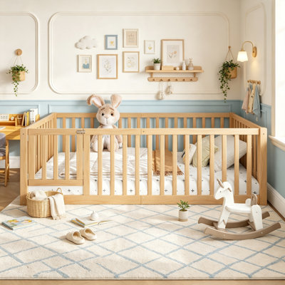 Wood Kids Low Bed with High Fence, Montessori Floor Bed with Safety Guardrails and Removable Door, Twin Size, Natural