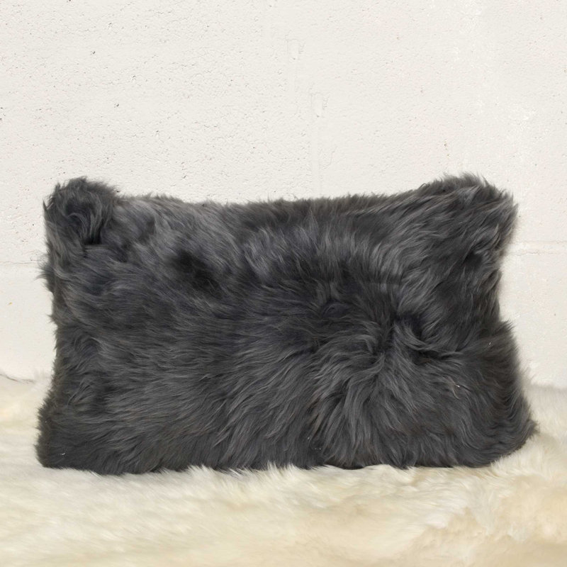 12" x 20" Gray Sheepskin Fur Pillow with Microsuede Backing