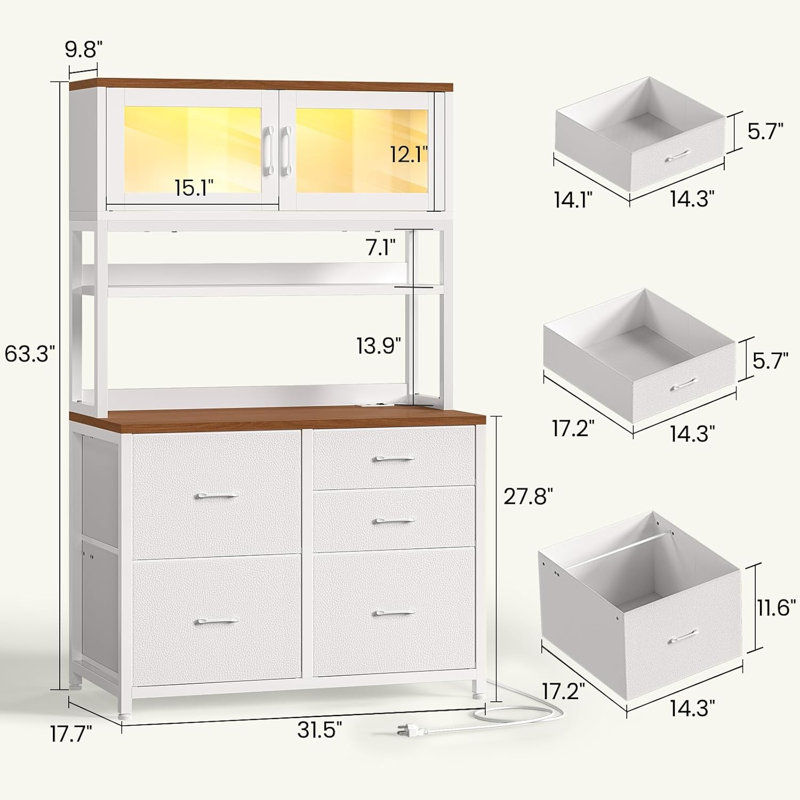 Classeur à 5 tiroirs avec multiprise et lumières DEL, classeur 31,5 po avec tablette de rangement pour bureau personnel, support pour format lettre / légal / A4, support pour imprimante, blanc et brun
