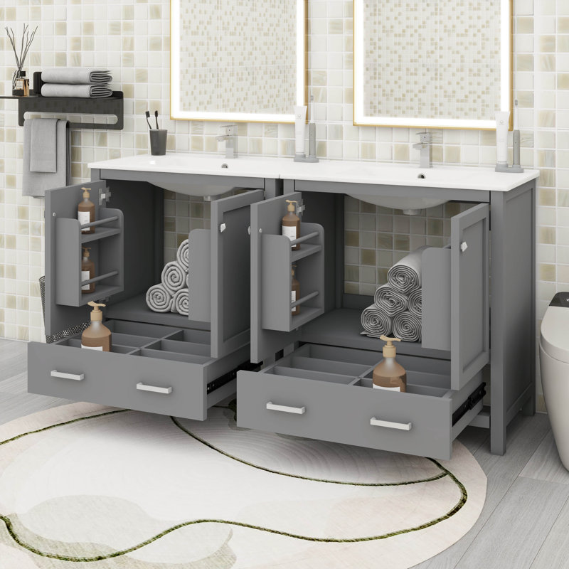 Ensemble de meuble-lavabo 60 po, double meuble-lavabo, double lavabo en céramique, tablette de rangement et tiroirs divisés