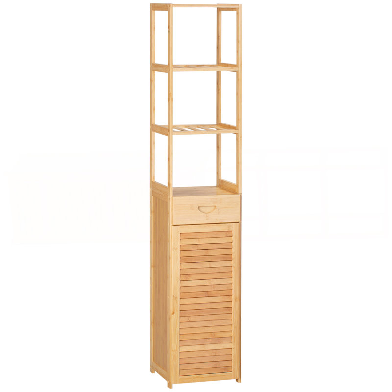 Tall Bathroom Cabinet With Drawer And Slatted Shelves, Slim Bamboo Linen Tower With Louvered Door, Natural