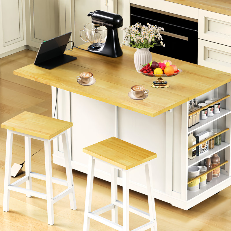 48inch Large Kitchen Island With 2 Bar Stools, Power Outlet, Door Internal Storage Rack, Kitchen Storage Cart For Kitchen,dining Room,white